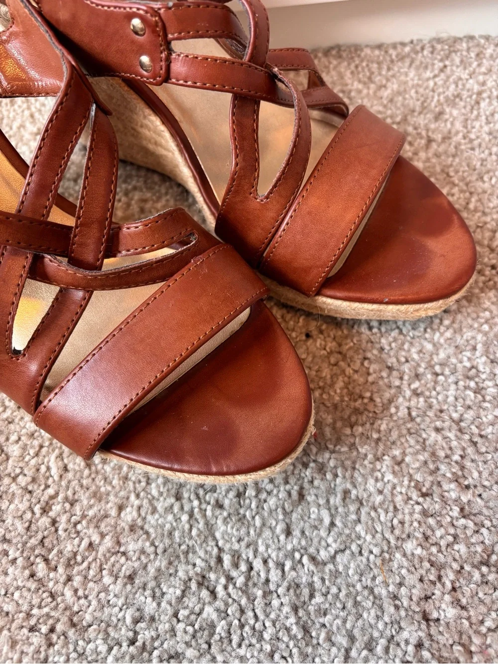 Unisa Brown Leather Wedge Sandals Casual Summer Strappy Espadrille